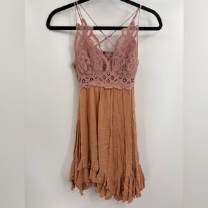 Free People one Adella Frilled boho bohemian Chemise Dress mini size xs